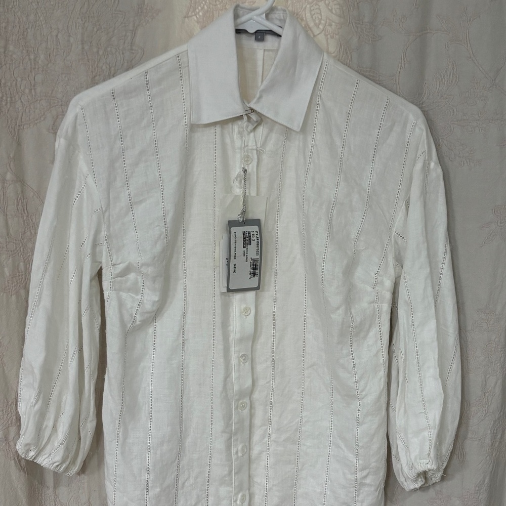 Bill Blass New York Woman’s Vintagec Eyelet Puff Sleeve  Button Shirt White  Sz2